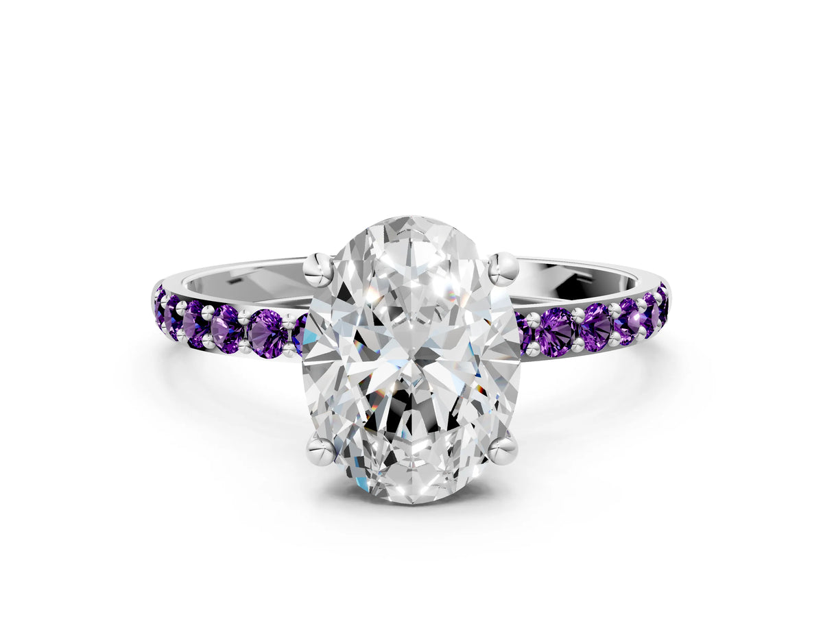 Platinum Oval Cut Diamond Solitaire Ring with Round Amethyst Pavé Band and Prong Setting_12