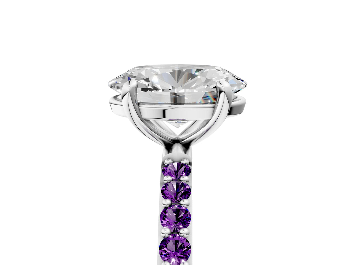 Platinum Oval Cut Diamond Solitaire Ring with Round Amethyst Pavé Band and Prong Setting_17