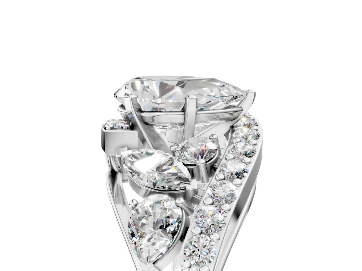 Platinum Pear Cut Diamond Halo Ring with Marquise and Pavé Band in Prong Setting_11