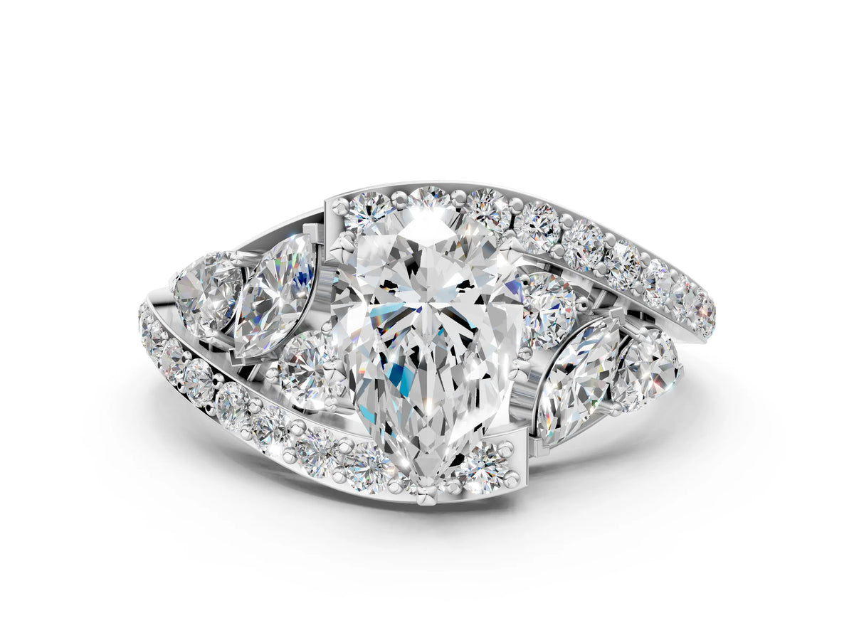 Platinum Pear Cut Diamond Halo Ring with Marquise and Pavé Band in Prong Setting_6