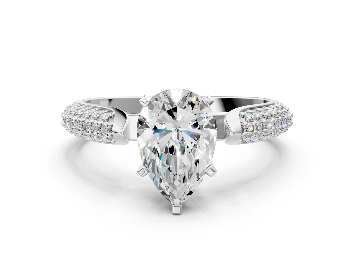 Platinum Pear Cut Diamond Solitaire Engagement Ring with Multi-Row Round Pavé Band and Prong Setting_12