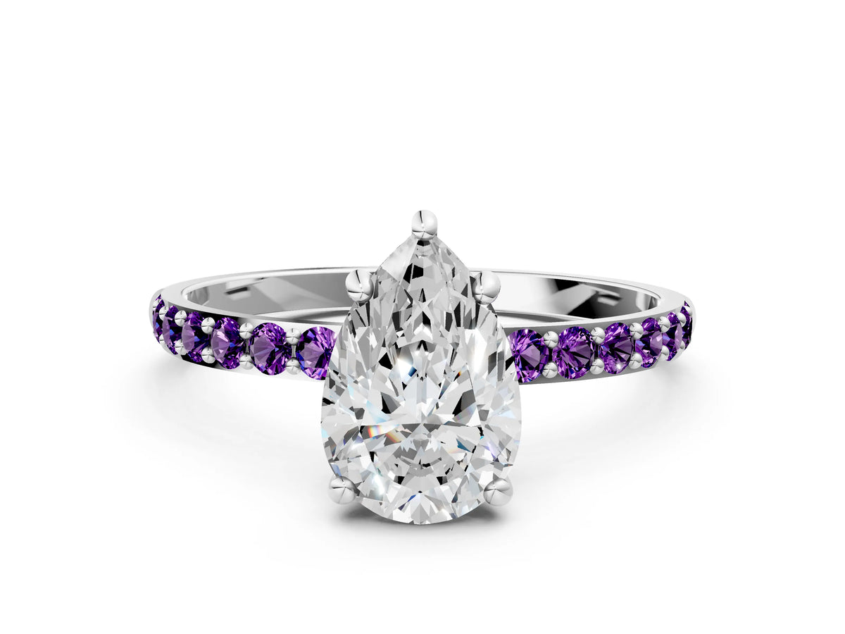 Platinum Pear Cut Diamond Solitaire Ring with Round Amethyst Pavé Band and Prong Setting_12