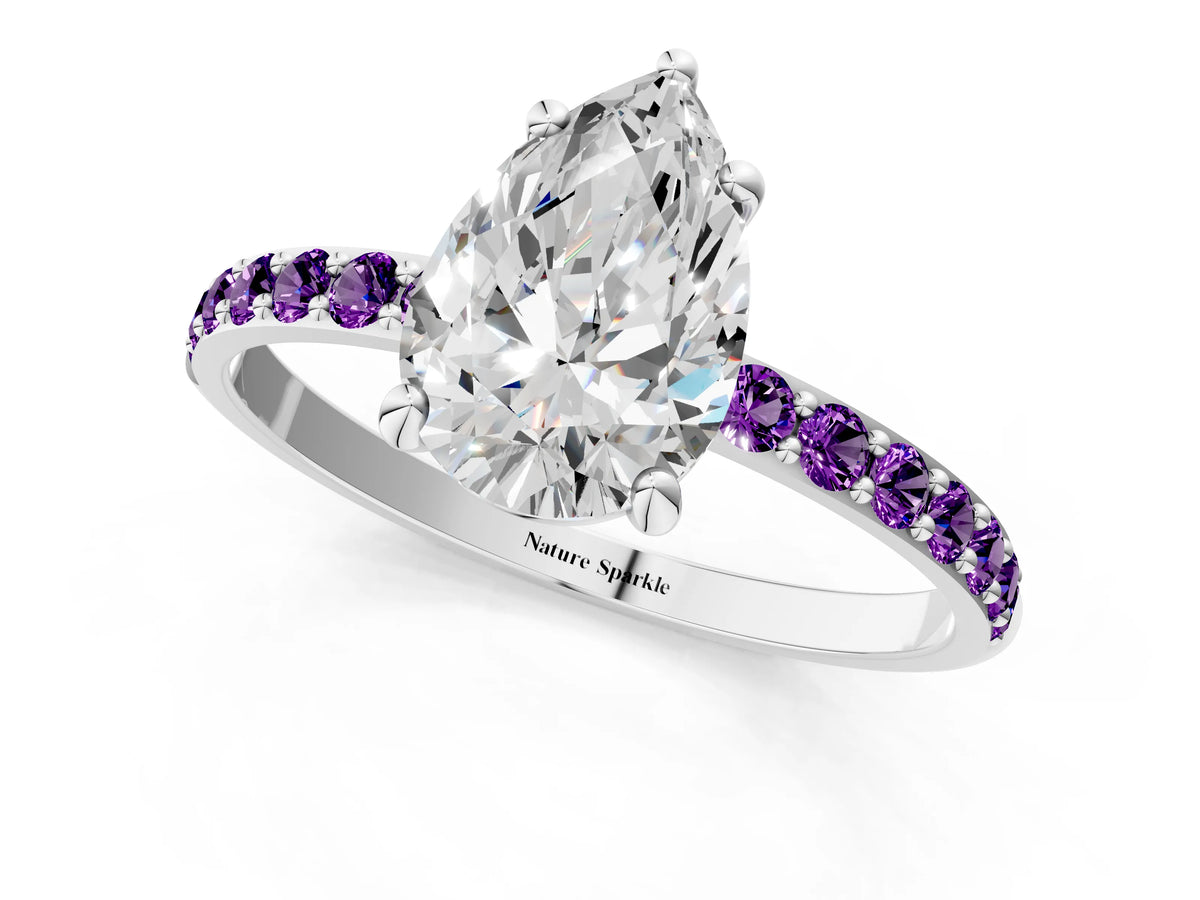 Platinum Pear Cut Diamond Solitaire Ring with Round Amethyst Pavé Band and Prong Setting_13