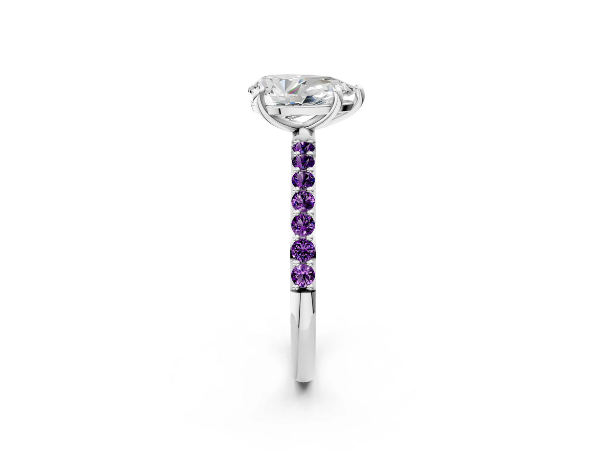 Platinum Pear Cut Diamond Solitaire Ring with Round Amethyst Pavé Band and Prong Setting_14