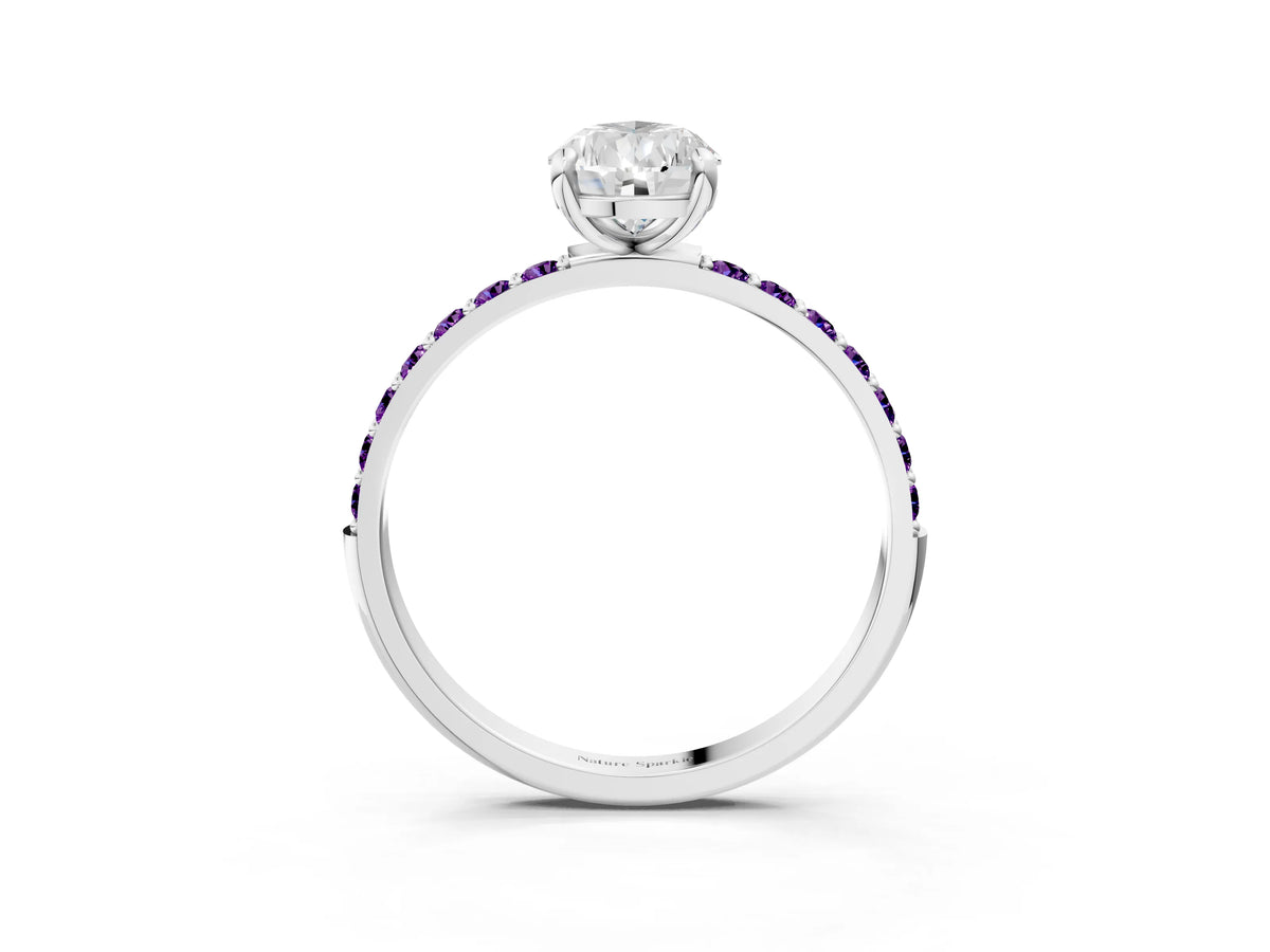 Platinum Pear Cut Diamond Solitaire Ring with Round Amethyst Pavé Band and Prong Setting_15