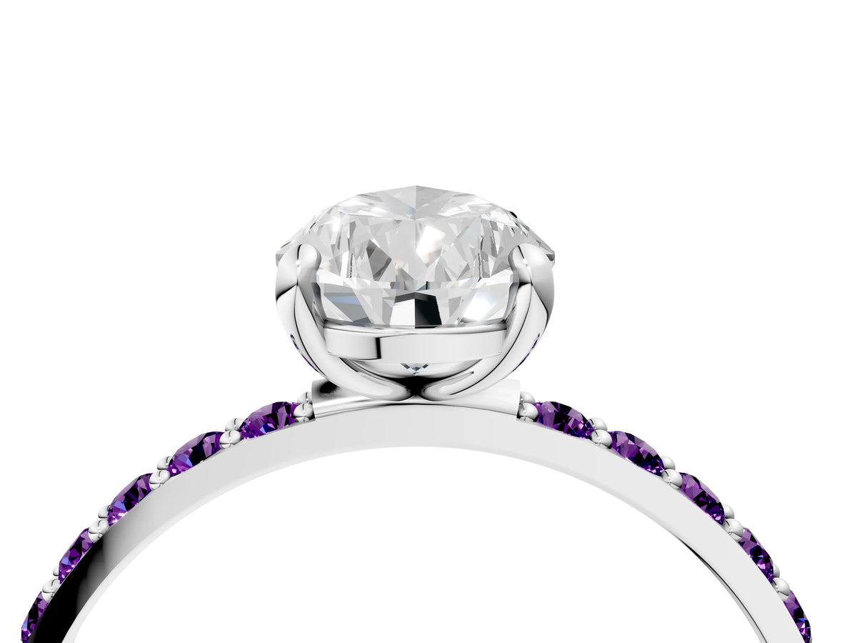 Platinum Pear Cut Diamond Solitaire Ring with Round Amethyst Pavé Band and Prong Setting_16