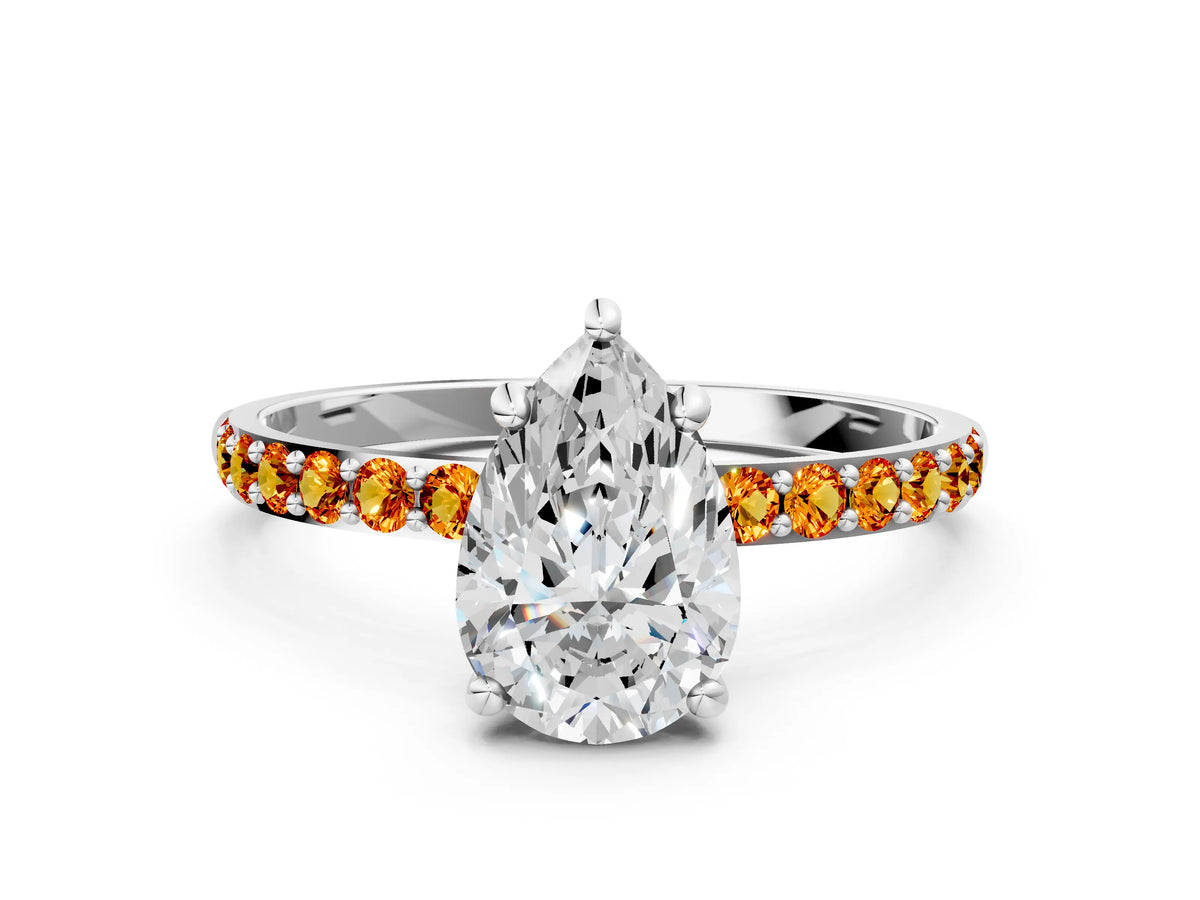 Platinum Pear Cut Diamond Solitaire Ring with Round Citrine Pavé Band and Prong Setting_12