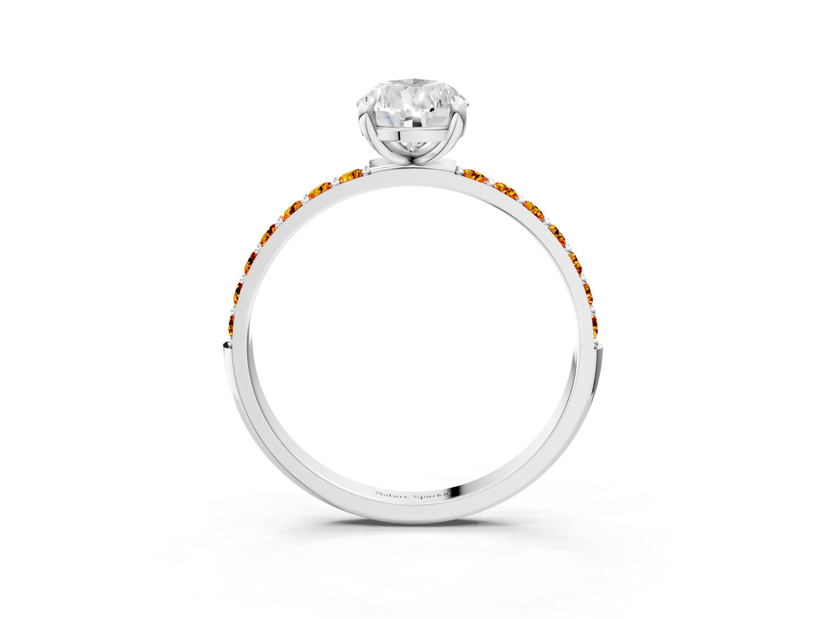 Platinum Pear Cut Diamond Solitaire Ring with Round Citrine Pavé Band and Prong Setting_15