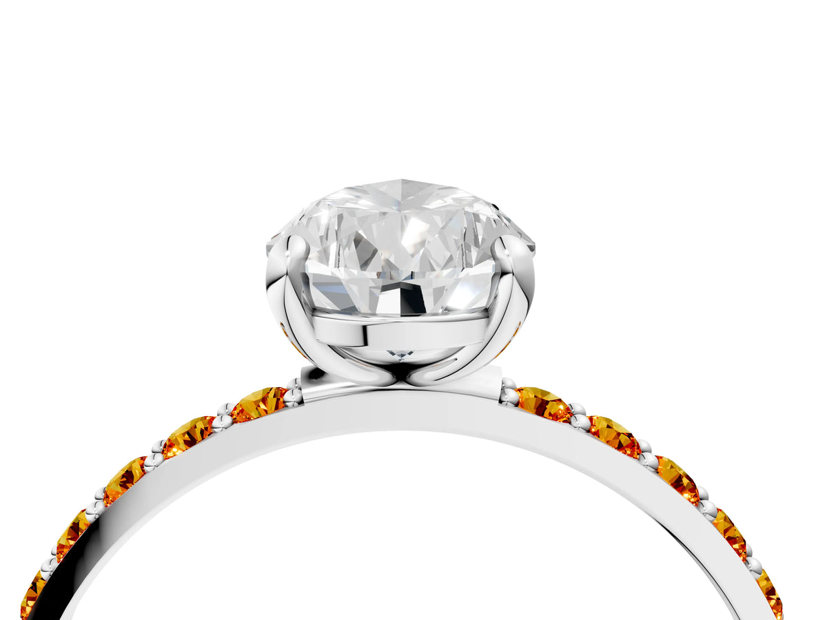 Platinum Pear Cut Diamond Solitaire Ring with Round Citrine Pavé Band and Prong Setting_16