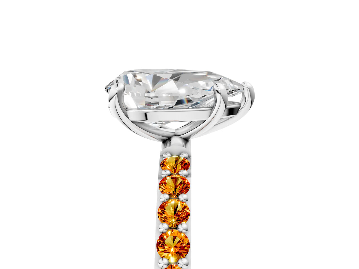 Platinum Pear Cut Diamond Solitaire Ring with Round Citrine Pavé Band and Prong Setting_17