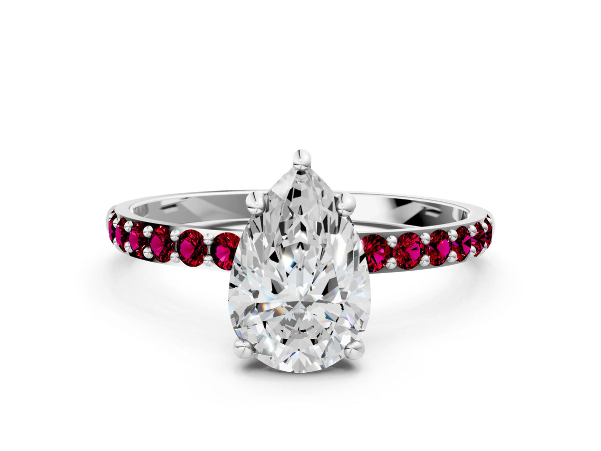 Platinum Pear Cut Diamond Solitaire Ring with Round Garnet Pavé Band and Prong Setting_12