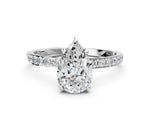 Platinum Pear Cut Diamond Solitaire Ring with Round Moissanite Pavé Band and Prong Setting_12