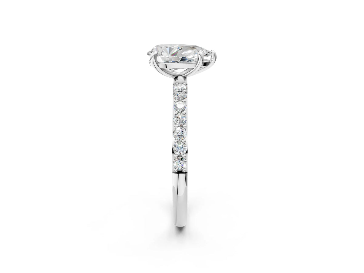 Platinum Pear Cut Diamond Solitaire Ring with Round Moissanite Pavé Band and Prong Setting_14