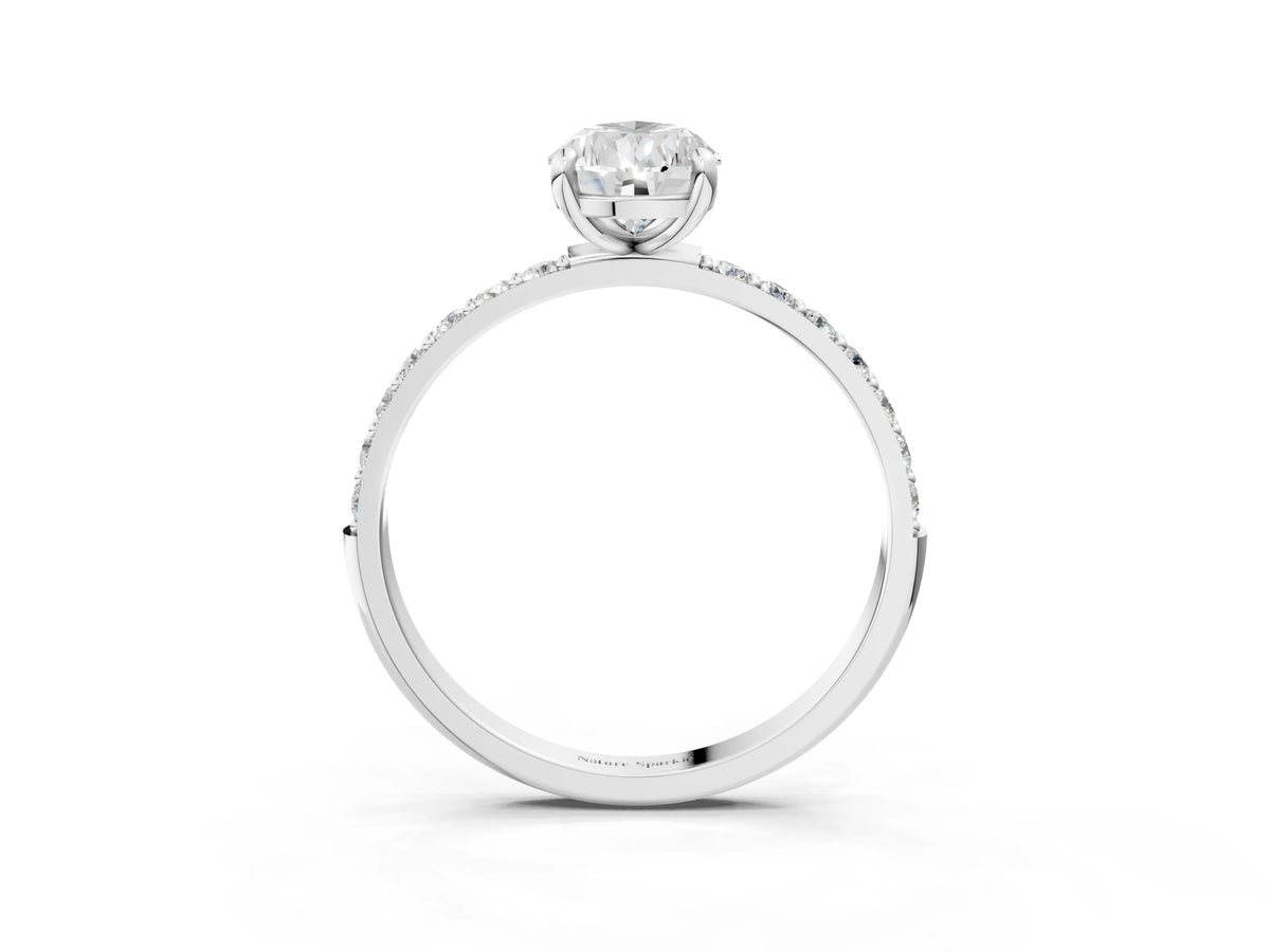 Platinum Pear Cut Diamond Solitaire Ring with Round Moissanite Pavé Band and Prong Setting_15