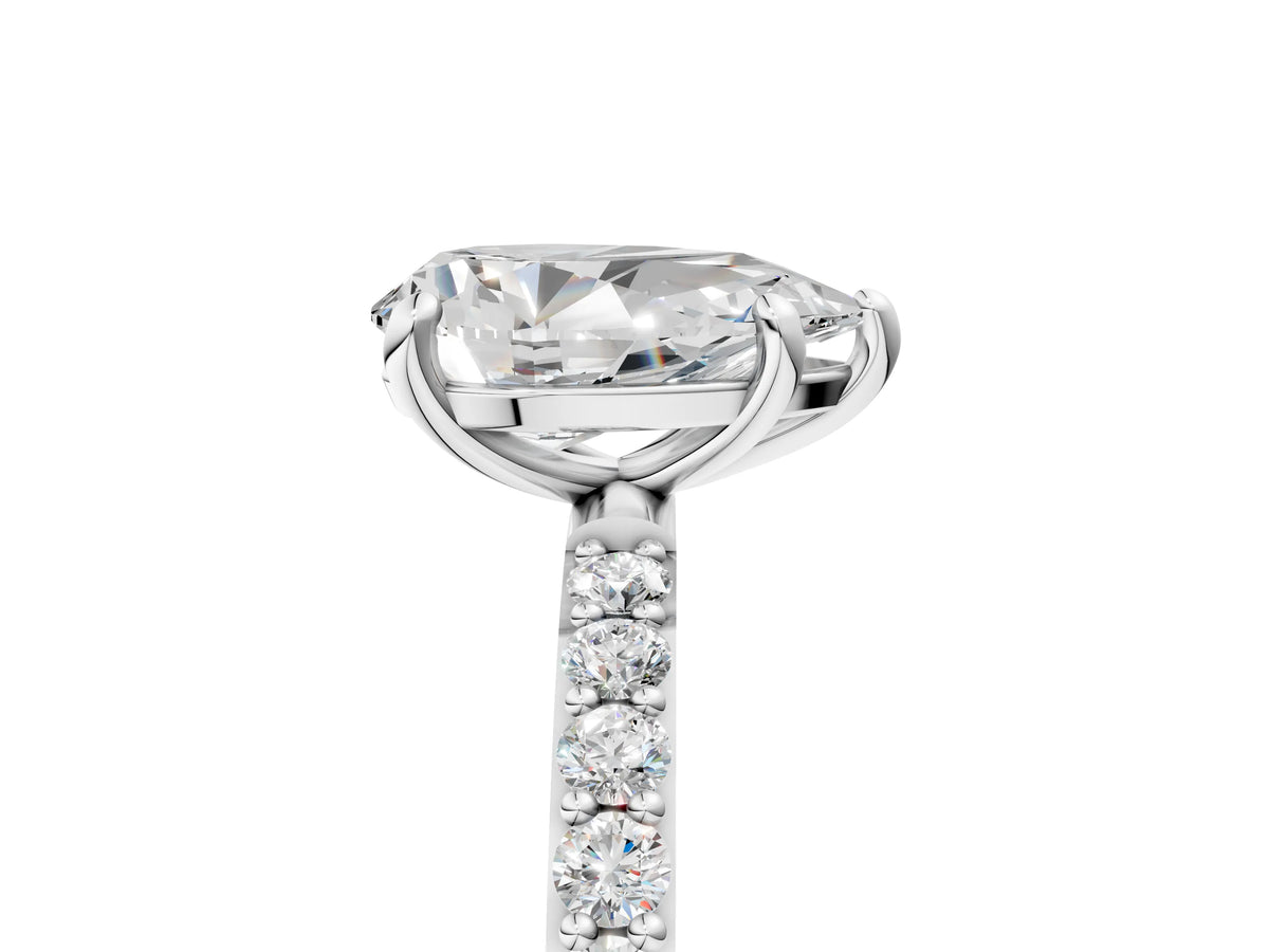 Platinum Pear Cut Diamond Solitaire Ring with Round Moissanite Pavé Band and Prong Setting_17
