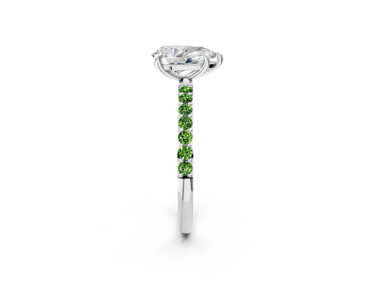 Platinum Pear Cut Diamond Solitaire Ring with Round Peridot Pavé Band and Prong Setting_14