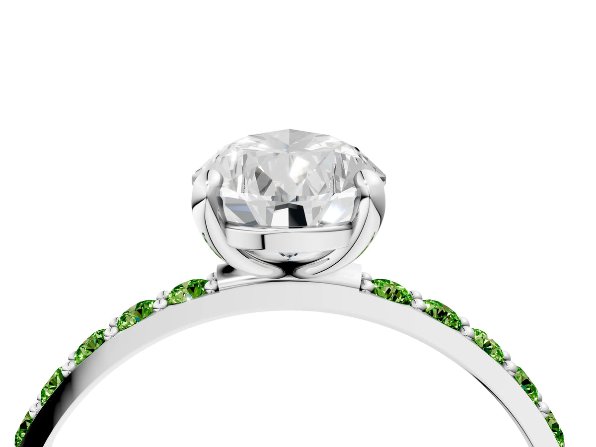 Platinum Pear Cut Diamond Solitaire Ring with Round Peridot Pavé Band and Prong Setting_16