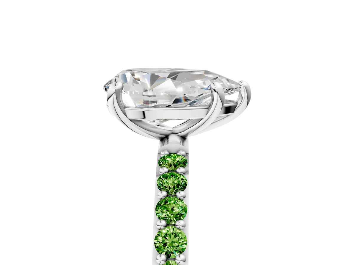 Platinum Pear Cut Diamond Solitaire Ring with Round Peridot Pavé Band and Prong Setting_17