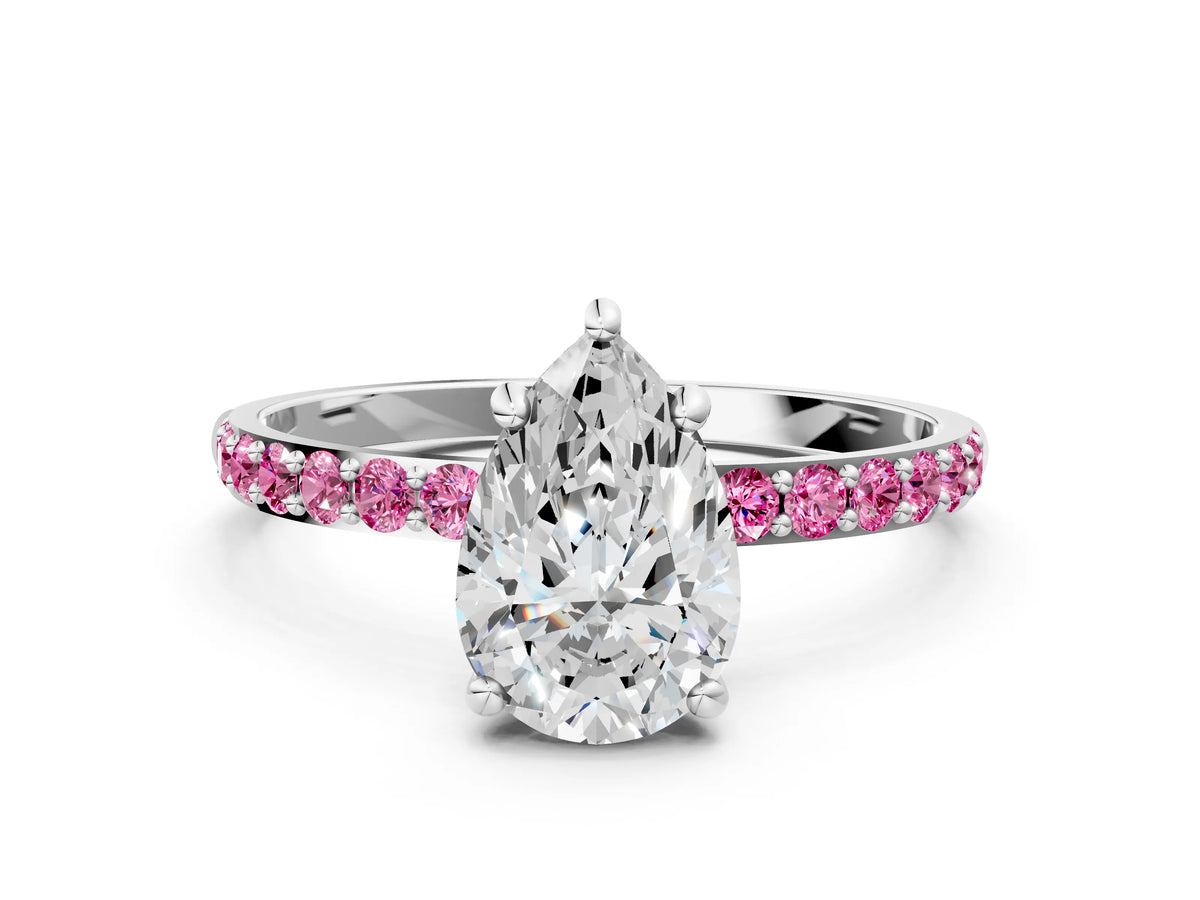 Platinum Pear Cut Diamond Solitaire Ring with Round Pink Sapphire Pavé Band and Prong Setting_12