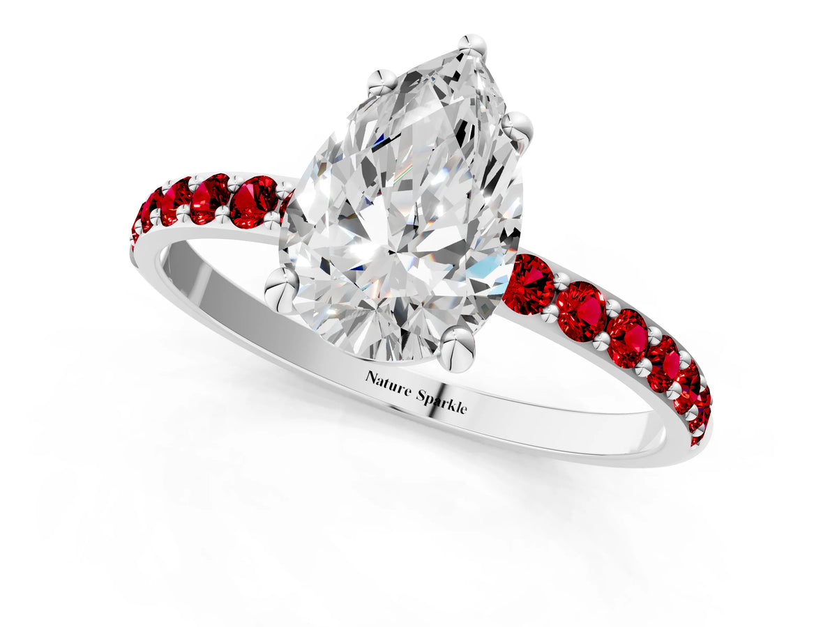 Platinum Pear Cut Diamond Solitaire Ring with Round Ruby Pavé Band and Prong Setting_13
