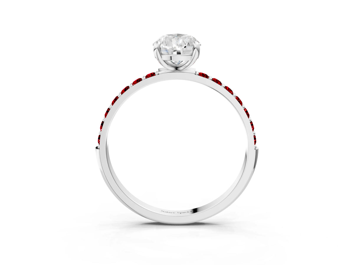 Platinum Pear Cut Diamond Solitaire Ring with Round Ruby Pavé Band and Prong Setting_15