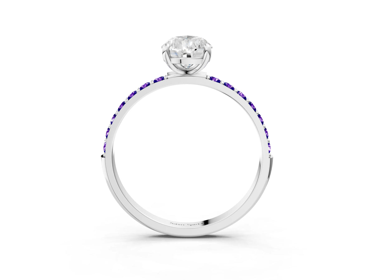 Platinum Pear Cut Diamond Solitaire Ring with Round Tanzanite Pavé Band and Prong Setting_15