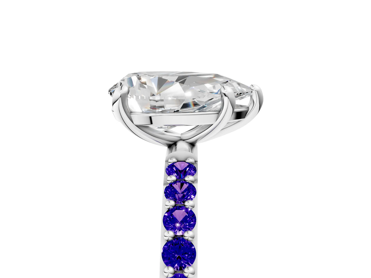 Platinum Pear Cut Diamond Solitaire Ring with Round Tanzanite Pavé Band and Prong Setting_17