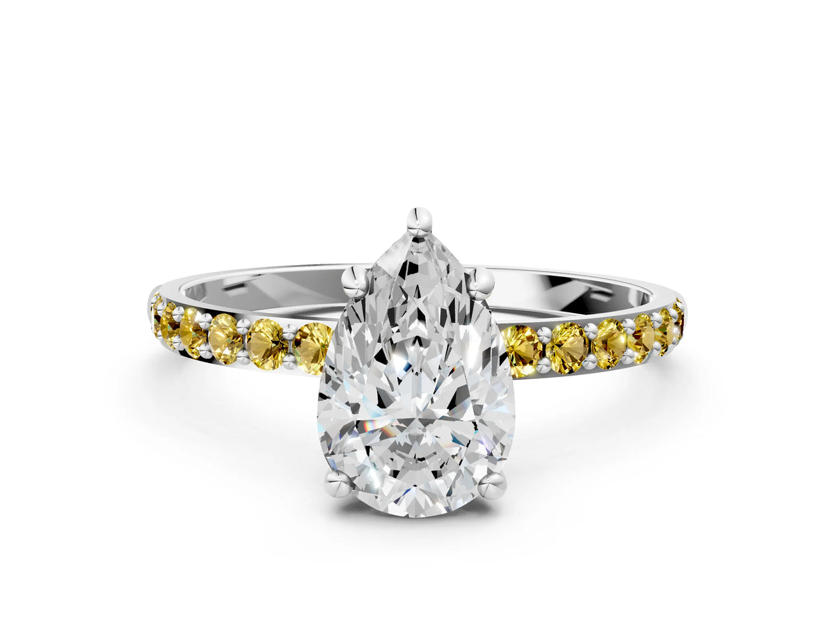 Platinum Pear Cut Diamond Solitaire Ring with Round Yellow Sapphire Pavé Band and Prong Setting_12