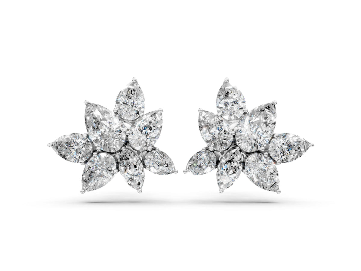 Platinum Pear and Marquise Diamond Floral Cluster Stud Earrings_4