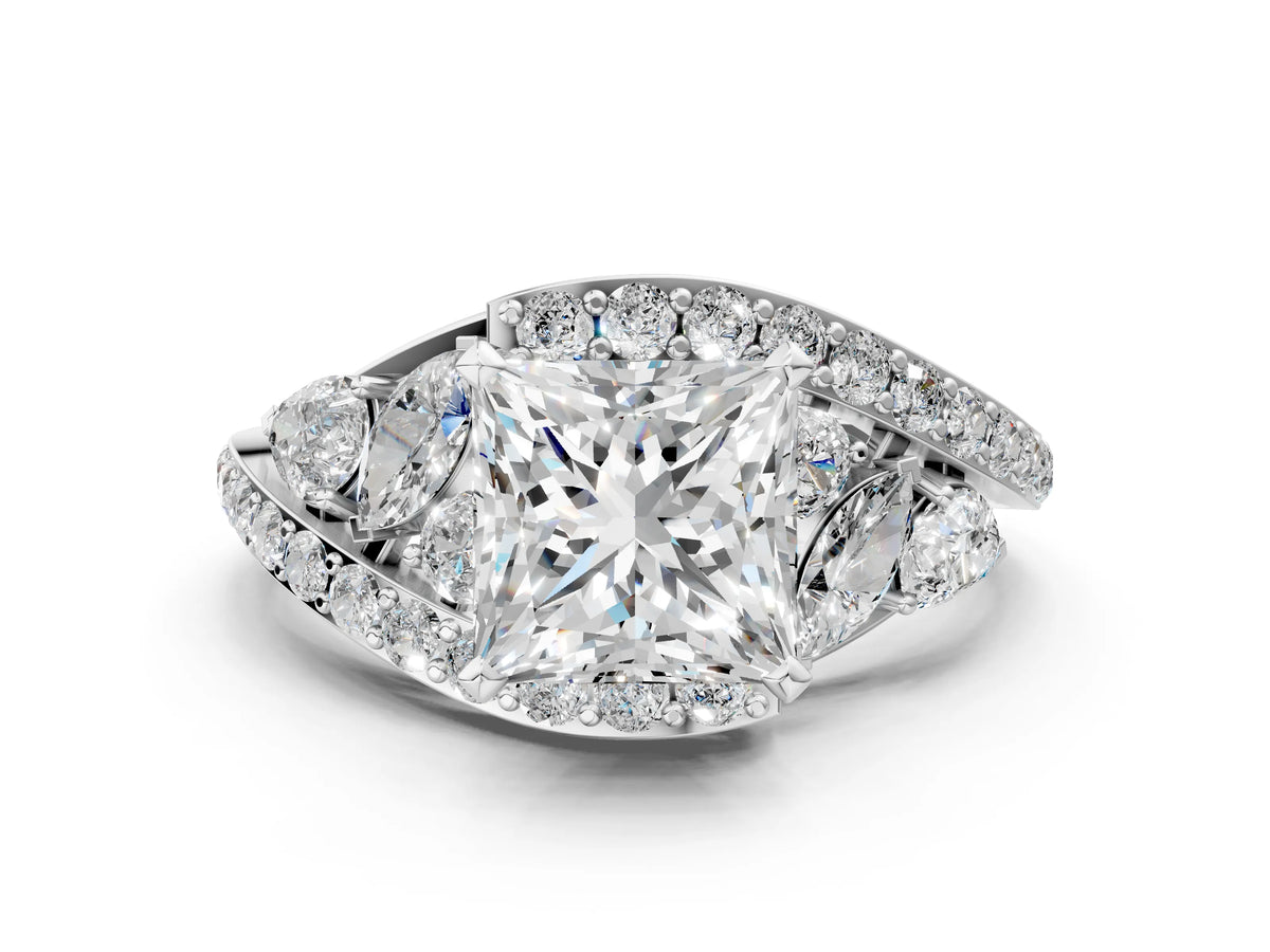 Platinum Princess Cut Diamond Halo Ring with Marquise and Pavé Band in Prong Setting_12