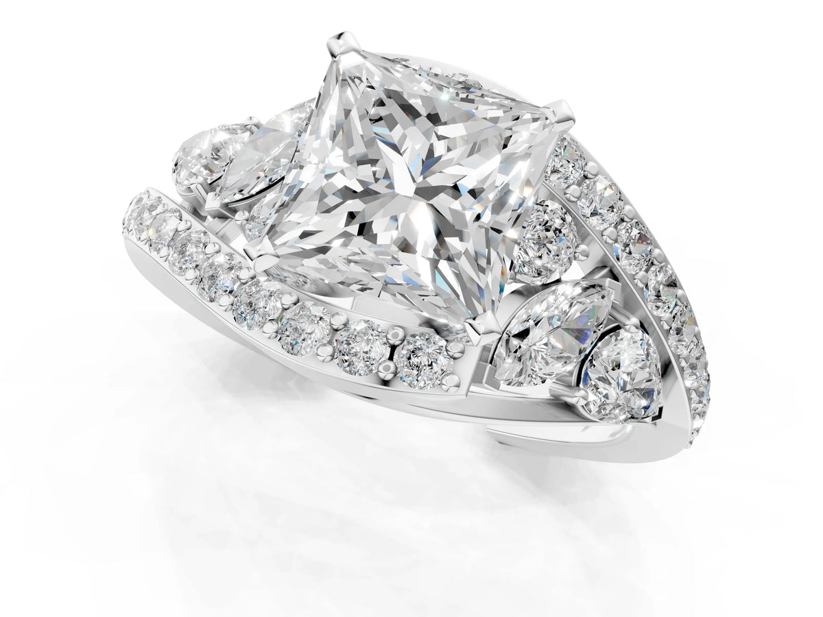 Platinum Princess Cut Diamond Halo Ring with Marquise and Pavé Band in Prong Setting_13