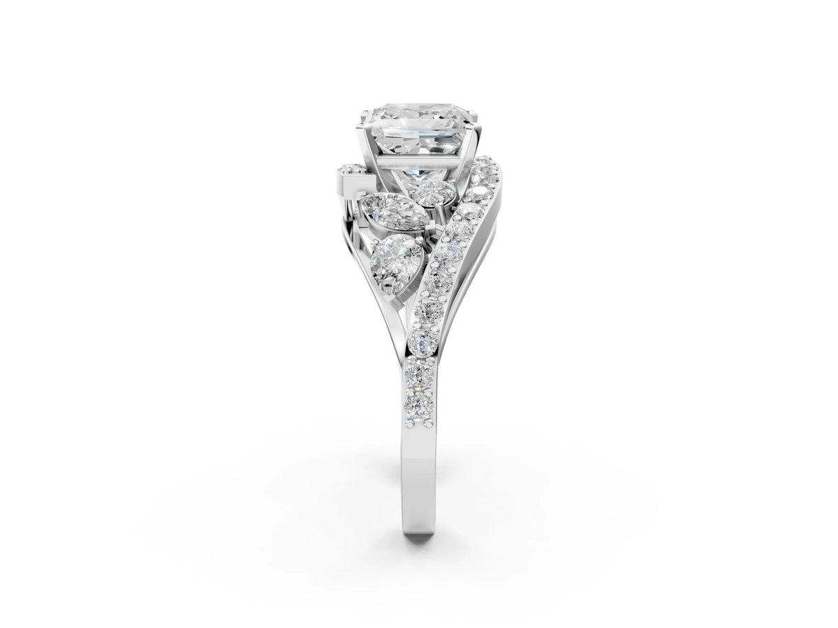 Platinum Princess Cut Diamond Halo Ring with Marquise and Pavé Band in Prong Setting_14
