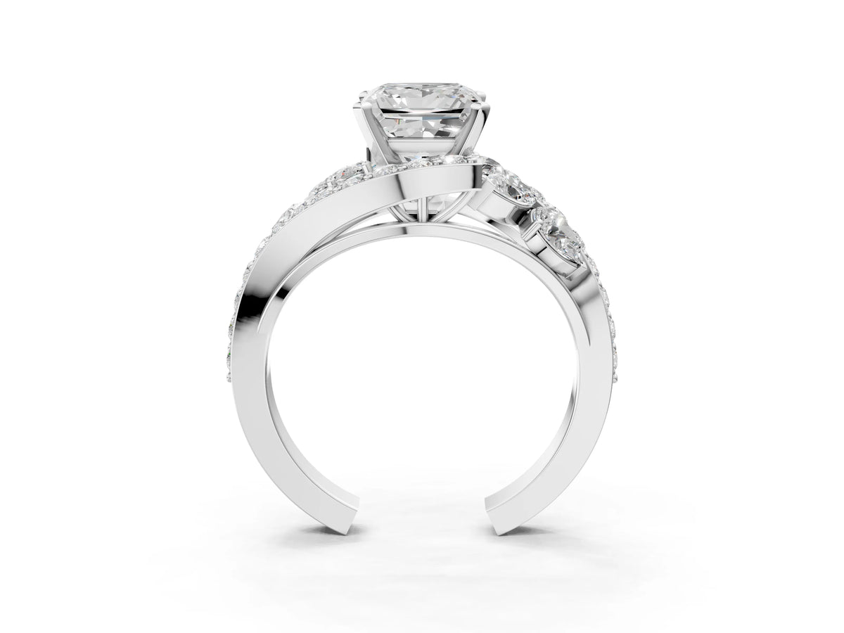 Platinum Princess Cut Diamond Halo Ring with Marquise and Pavé Band in Prong Setting_15