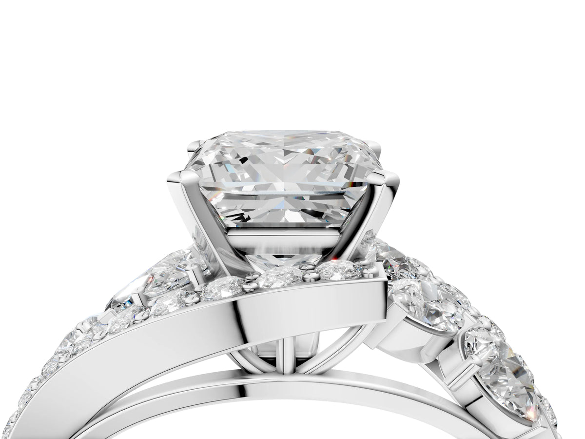 Platinum Princess Cut Diamond Halo Ring with Marquise and Pavé Band in Prong Setting_16