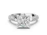 Platinum Princess Cut Diamond Solitaire Engagement Ring with Multi-Row Round Pavé Band and Prong Setting_12