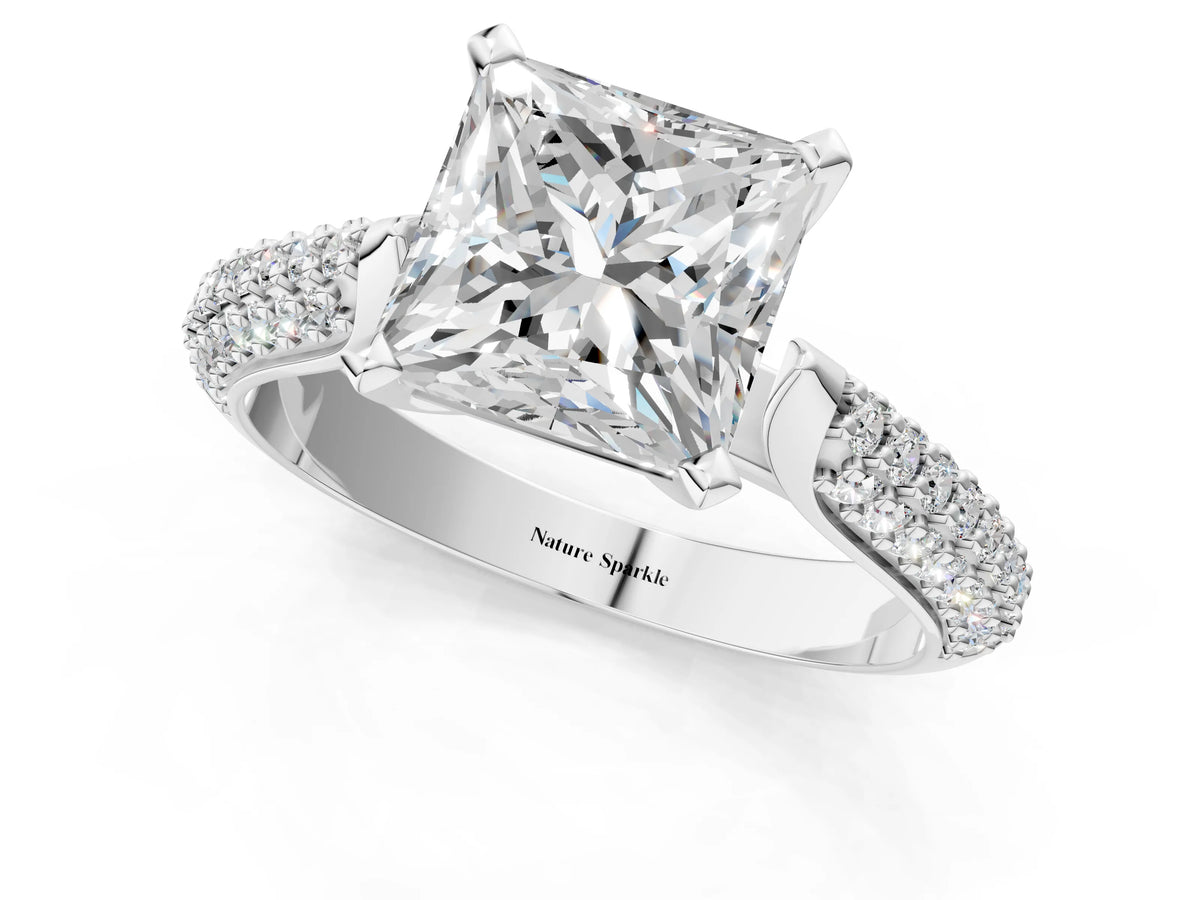 Platinum Princess Cut Diamond Solitaire Engagement Ring with Multi-Row Round Pavé Band and Prong Setting_13