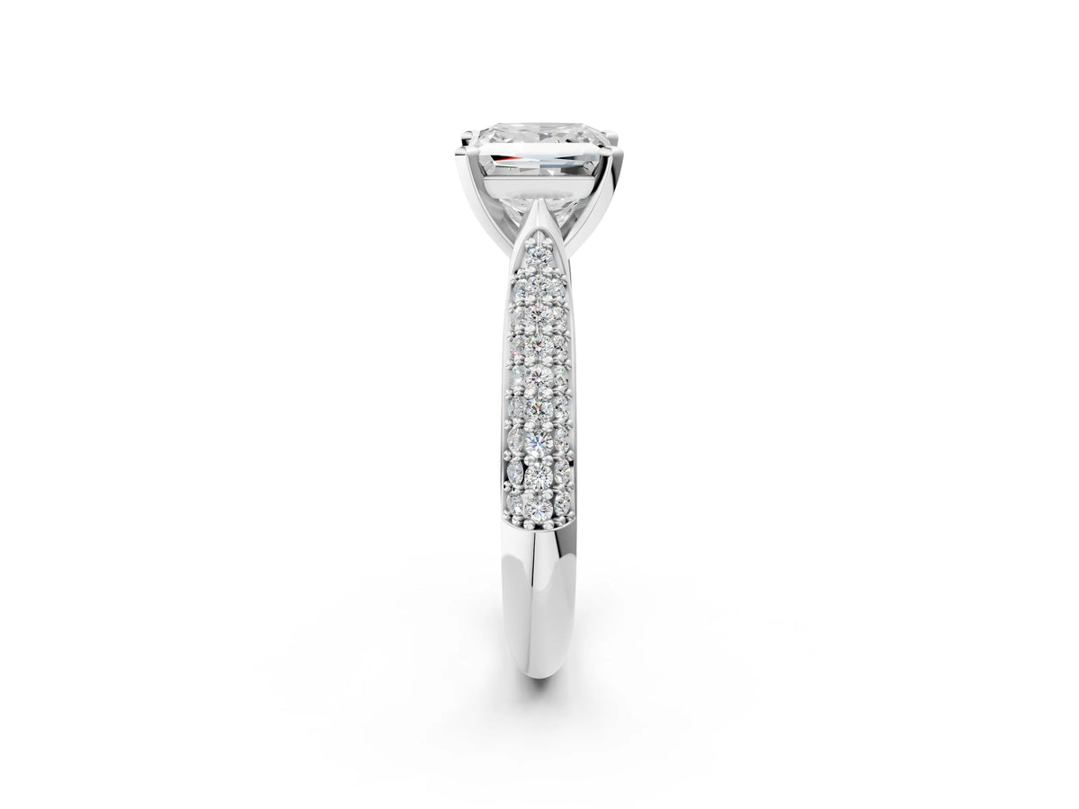 Platinum Princess Cut Diamond Solitaire Engagement Ring with Multi-Row Round Pavé Band and Prong Setting_14
