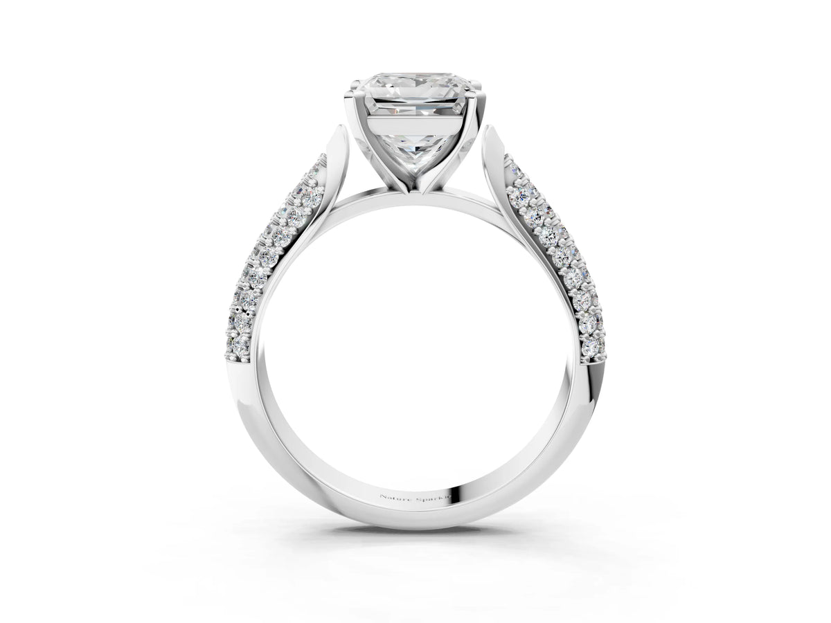 Platinum Princess Cut Diamond Solitaire Engagement Ring with Multi-Row Round Pavé Band and Prong Setting_15