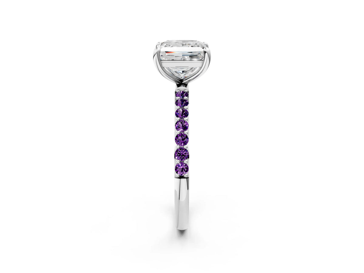 Platinum Princess Cut Diamond Solitaire Ring with Round Amethyst Pavé Band and Prong Setting_14