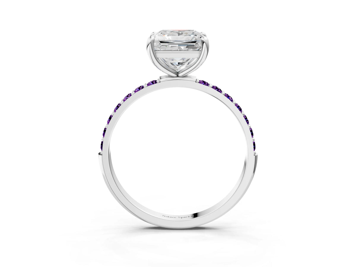 Platinum Princess Cut Diamond Solitaire Ring with Round Amethyst Pavé Band and Prong Setting_15
