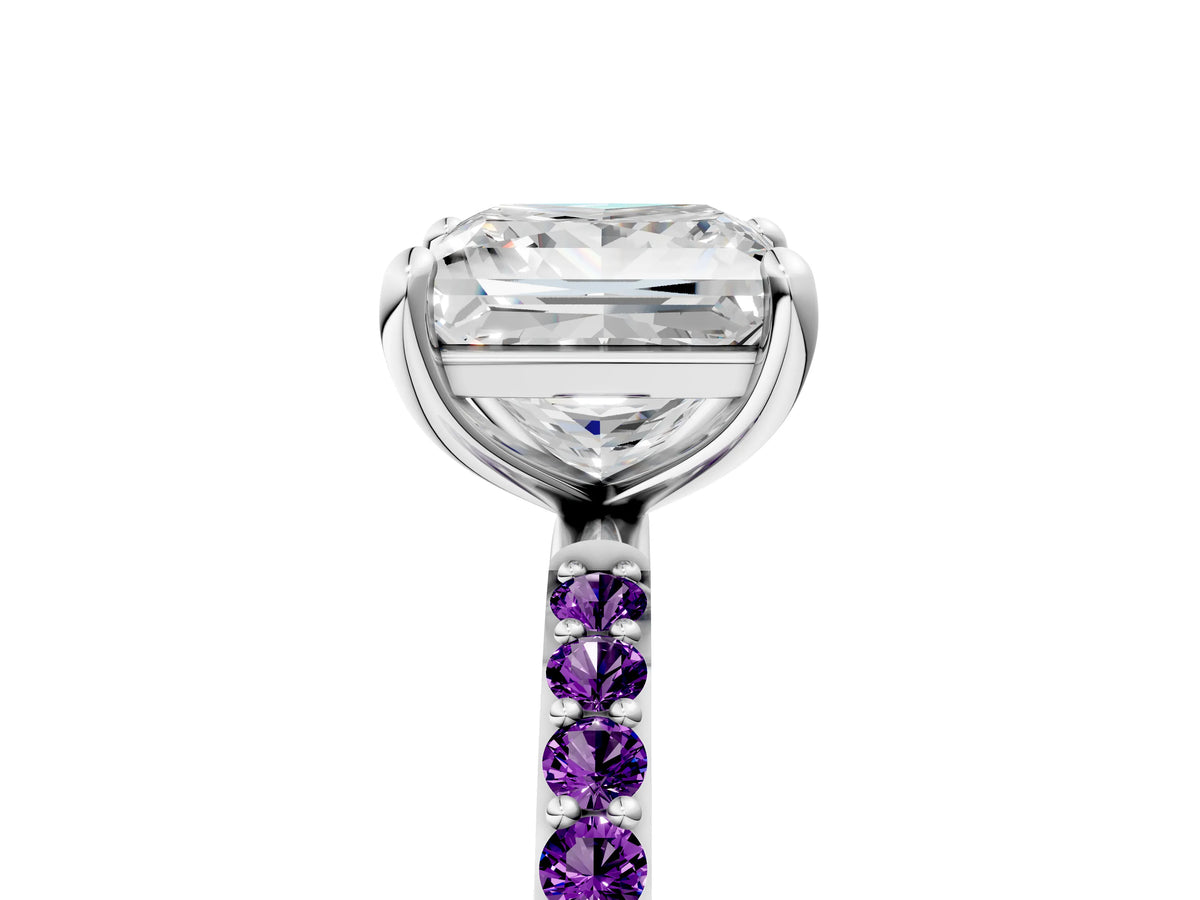 Platinum Princess Cut Diamond Solitaire Ring with Round Amethyst Pavé Band and Prong Setting_17