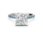 Platinum Princess Cut Diamond Solitaire Ring with Round Aquamarine Pavé Band and Prong Setting_12