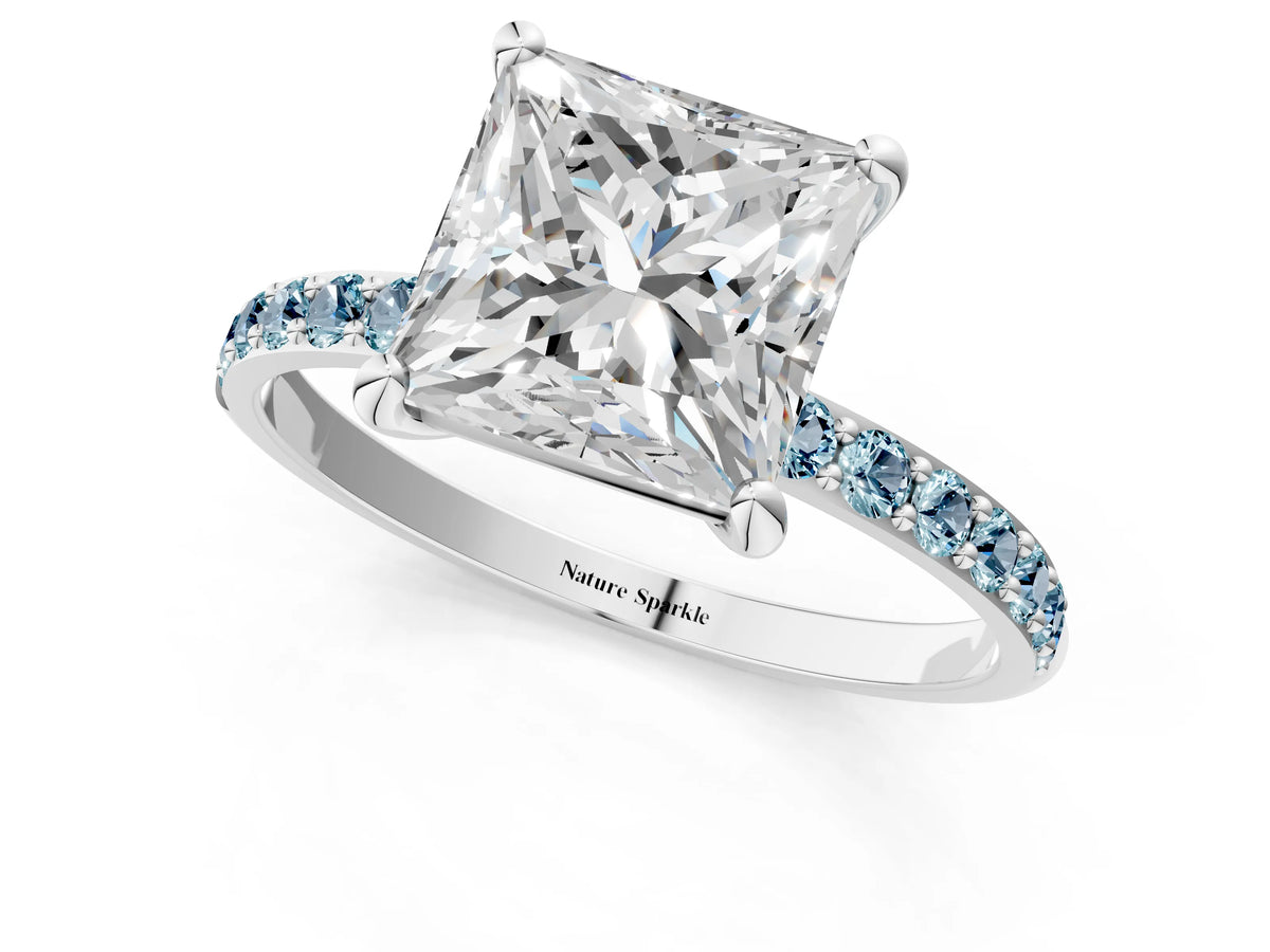 Platinum Princess Cut Diamond Solitaire Ring with Round Aquamarine Pavé Band and Prong Setting_13