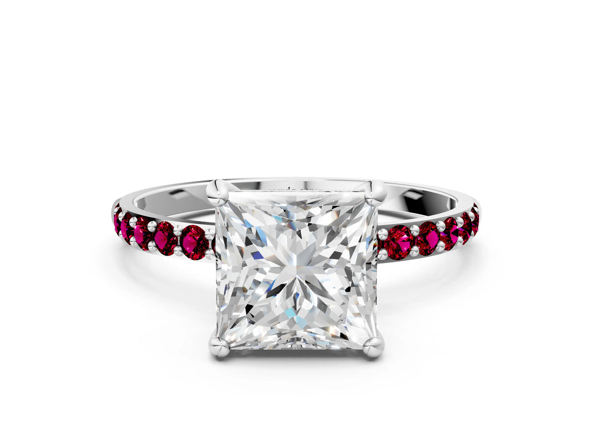 Platinum Princess Cut Diamond Solitaire Ring with Round Garnet Pavé Band and Prong Setting_12