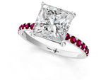 Platinum Princess Cut Diamond Solitaire Ring with Round Garnet Pavé Band and Prong Setting_13