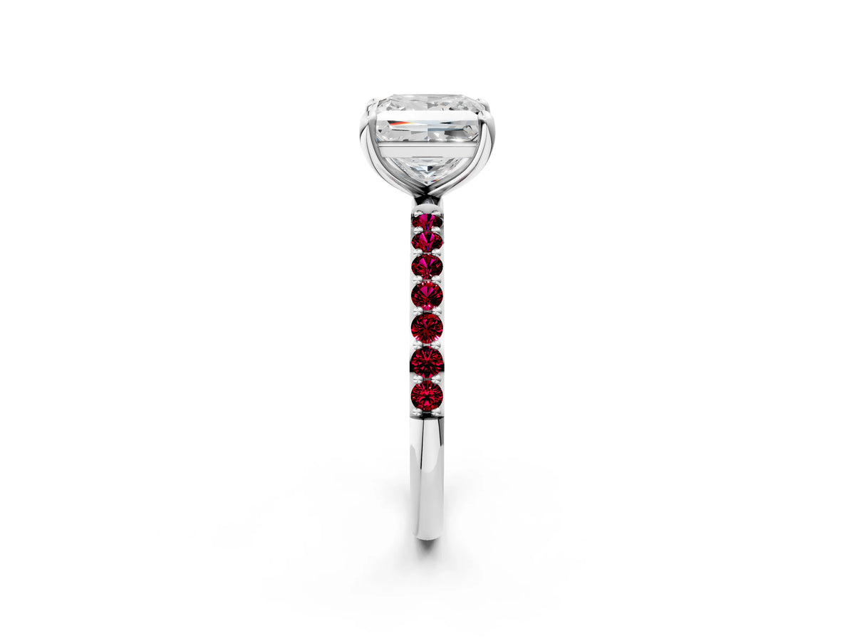 Platinum Princess Cut Diamond Solitaire Ring with Round Garnet Pavé Band and Prong Setting_14