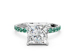 Platinum Princess Cut Diamond Solitaire Ring with Round Green Sapphire Pavé Band and Prong Setting_12