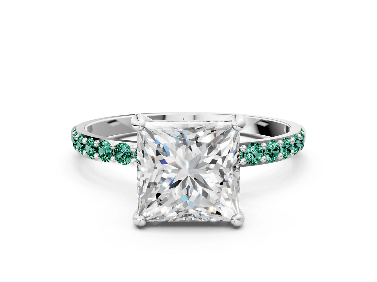 Platinum Princess Cut Diamond Solitaire Ring with Round Green Sapphire Pavé Band and Prong Setting_12
