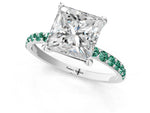Platinum Princess Cut Diamond Solitaire Ring with Round Green Sapphire Pavé Band and Prong Setting_13