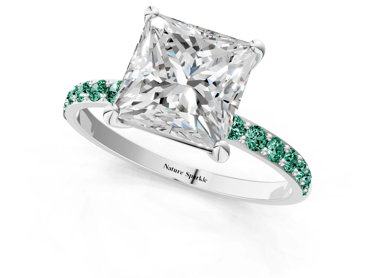 Platinum Princess Cut Diamond Solitaire Ring with Round Green Sapphire Pavé Band and Prong Setting_13